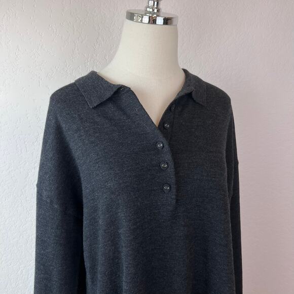 Poetry Merino Wool Blend Tunic Top Oversized Side Slits Button Collar Gray sz 8 - Picture 2 of 11